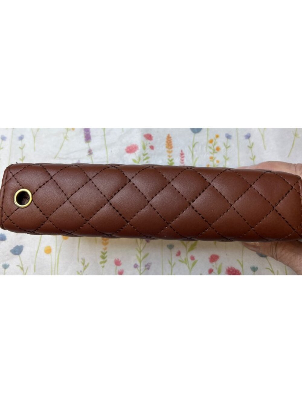 Quilted Brown Faux Leather Zipper Wallet With Wrist Strap & Gold Hardware - Picture 2 of 4